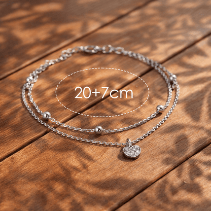 Catena alla caviglia da donna placcata in argento 925, a 2 strati con ciondolo a cuore Strass, elegante gioiello estivo da spiaggia, catena alla caviglia regolabile in stile boho, 20+7 cm, regalo per donne