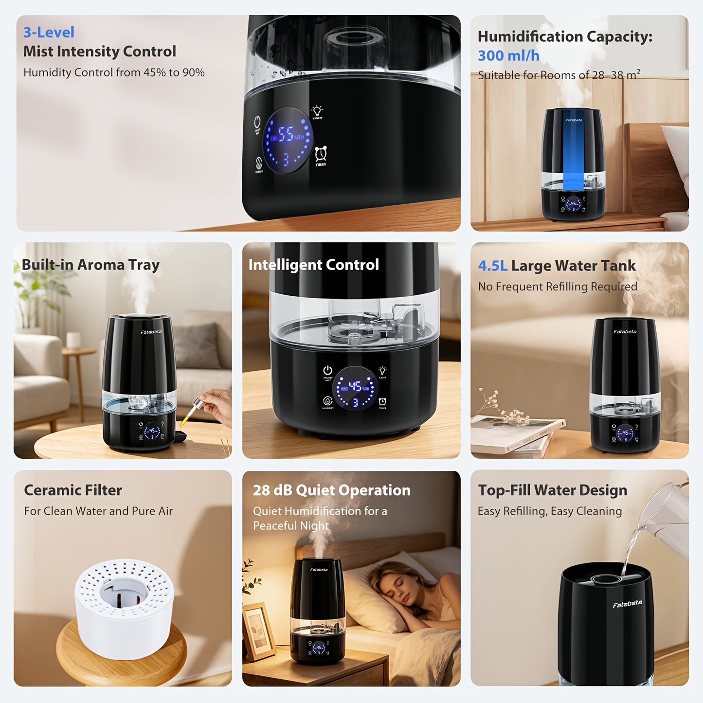 Display per umidificatore e diffusore di aromi super grande da 4,5L, funzionamento silenzioso, spegnimento automatico e timer, adatto per camera da letto, soggiorno, ufficio, serbatoio rimovibile, filtro in ceramica, custodia in ABS, per umidificatori int