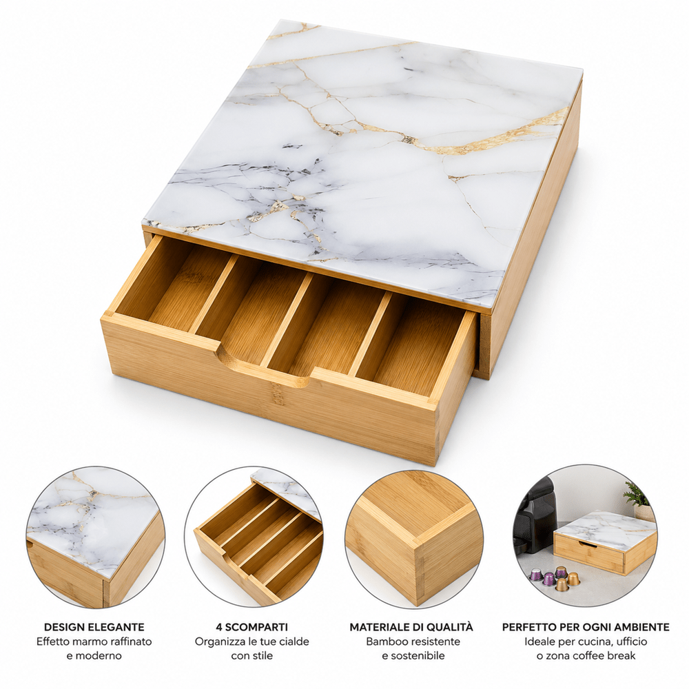 Porta cialde Organizer Bambù per Cialde con Vetro Temperato Organizer Capsule Caffè Cassetto Porta Oggetti Cassetto Minuteria Mobiletto Porta Tè Cassetto Cucito 4 Scomparti Separati