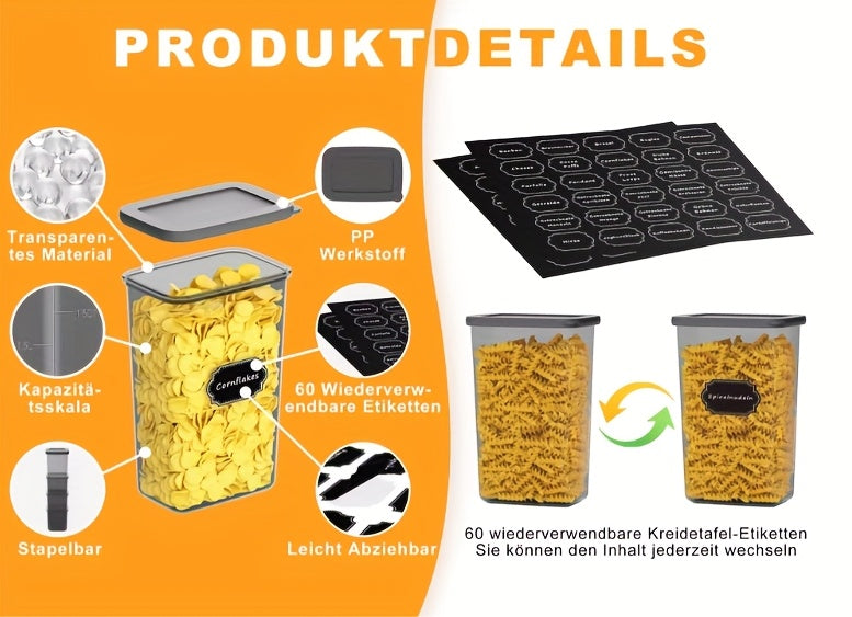 Kit di 52 contenitori per alimenti in plastica sigillati - 26 contenitori + 26 coperchi | Speciali per cereali/farina/semi di caffè/flakes di mais - Articolo da cucina con coperchi