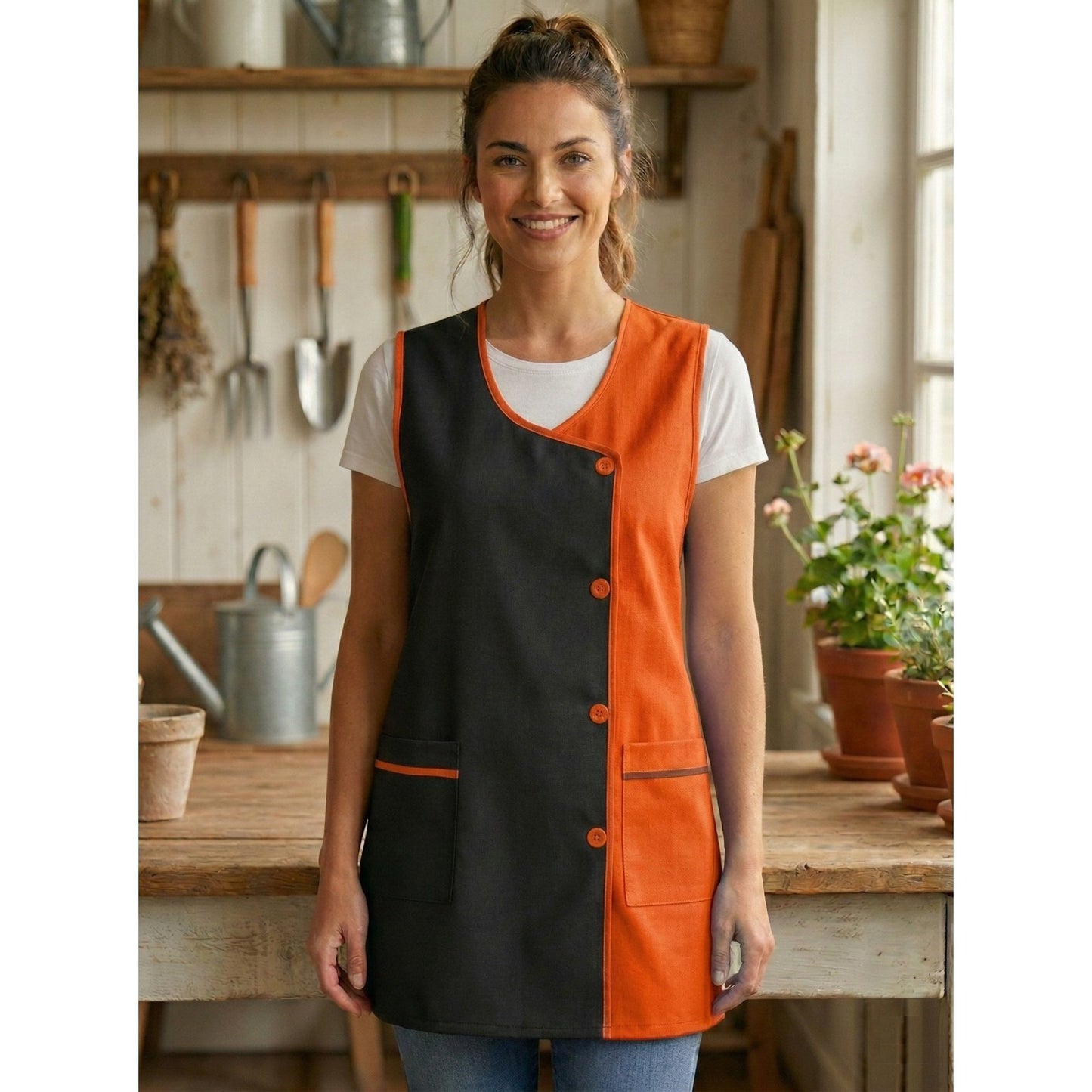 Grembiule da cucina liscio da donna, confortevole e resistente, dettagli moderni e funzionali: tasche frontali e bottoni frontali Utilizzo: cucina, casa, lavoro e attività quotidiane