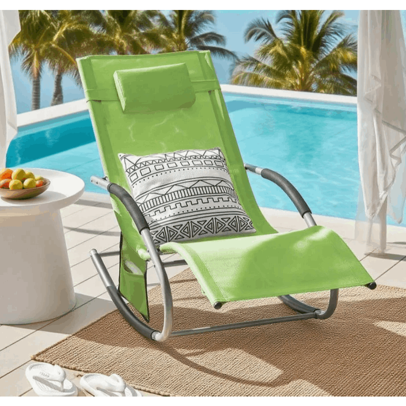 1 Pezzo Lettino Prendisole Lettino da Giardino Sdraio Relax Sedia a Dondolo da Esterno con Cuscino Poggiatesta Superficie Ergonomica Tessuto Resistente agli Agenti Atmosferici Struttura in Metallo Tasca Laterale Portata Massima 150 kg Terrazza Balcone Gia