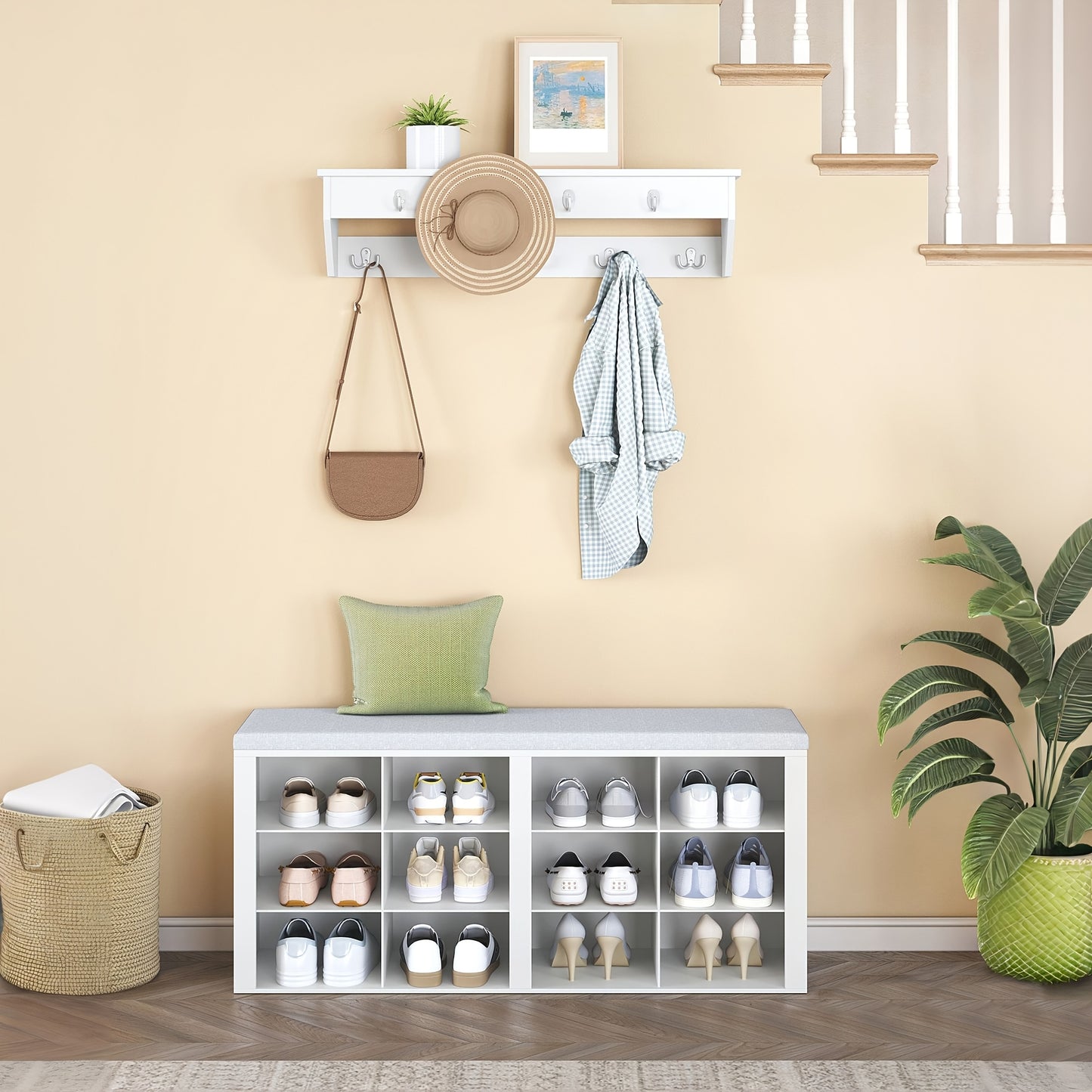 Set scarpiera per armadio, appendiabiti, divanetto scarpe con cuscino, divano d'ingresso, organizzazione e stoccaggio, 30 X 104 X 49 cm, appendiabiti a parete con 9 ganci, camera da letto, area ingresso, bianco e grigio