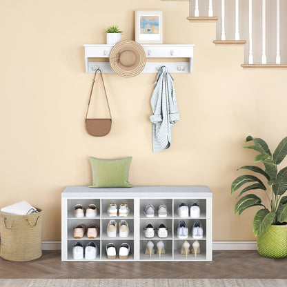 Set scarpiera per armadio, appendiabiti, divanetto scarpe con cuscino, divano d'ingresso, organizzazione e stoccaggio, 30 X 104 X 49 cm, appendiabiti a parete con 9 ganci, camera da letto, area ingresso, bianco e grigio