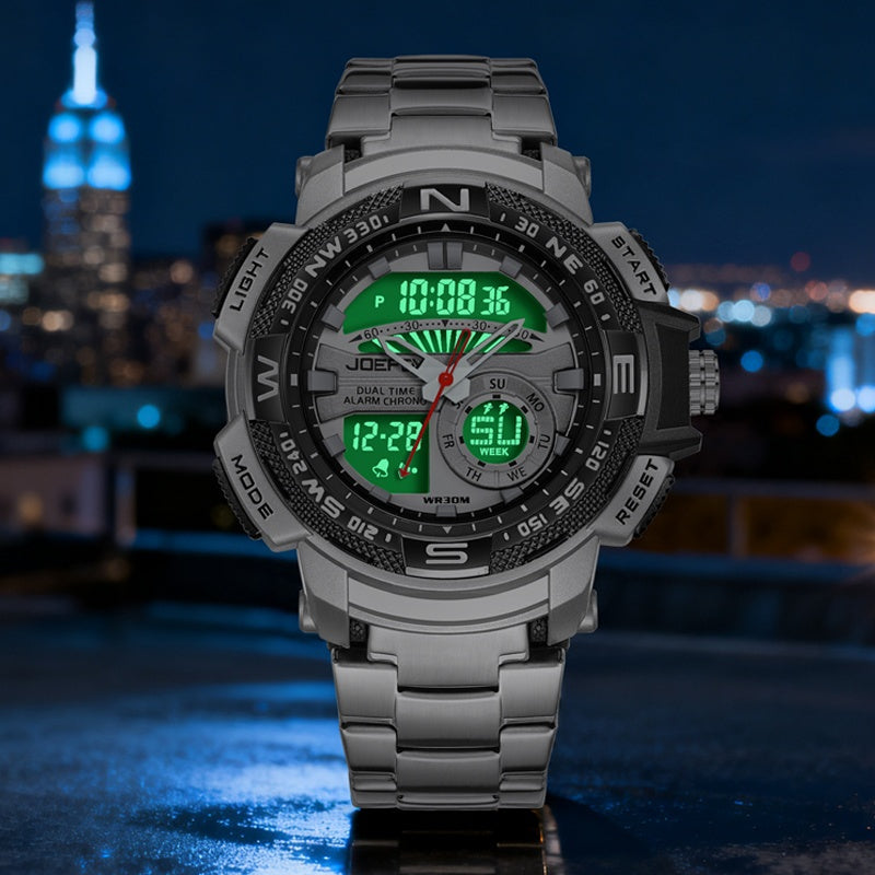 JOEFOX Orologio Sportivo da Uomo di Lusso con Doppio Display - Quadrante Grande, Luce Notturna LED, Impermeabile 3ATM, Cronografo e Sveglia, Orologio da Polso Stile Field da Uomo