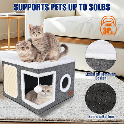Cuccia per gatti con letti a 2 livelli, tunnel giocattolo, divano pieghevole, tiragraffi e palla sospesa in peluche - Struttura resistente in nylon, tela morbida, design chiuso per tutte le stagioni, facile da montare, cuccia a cubo per interni, unità di