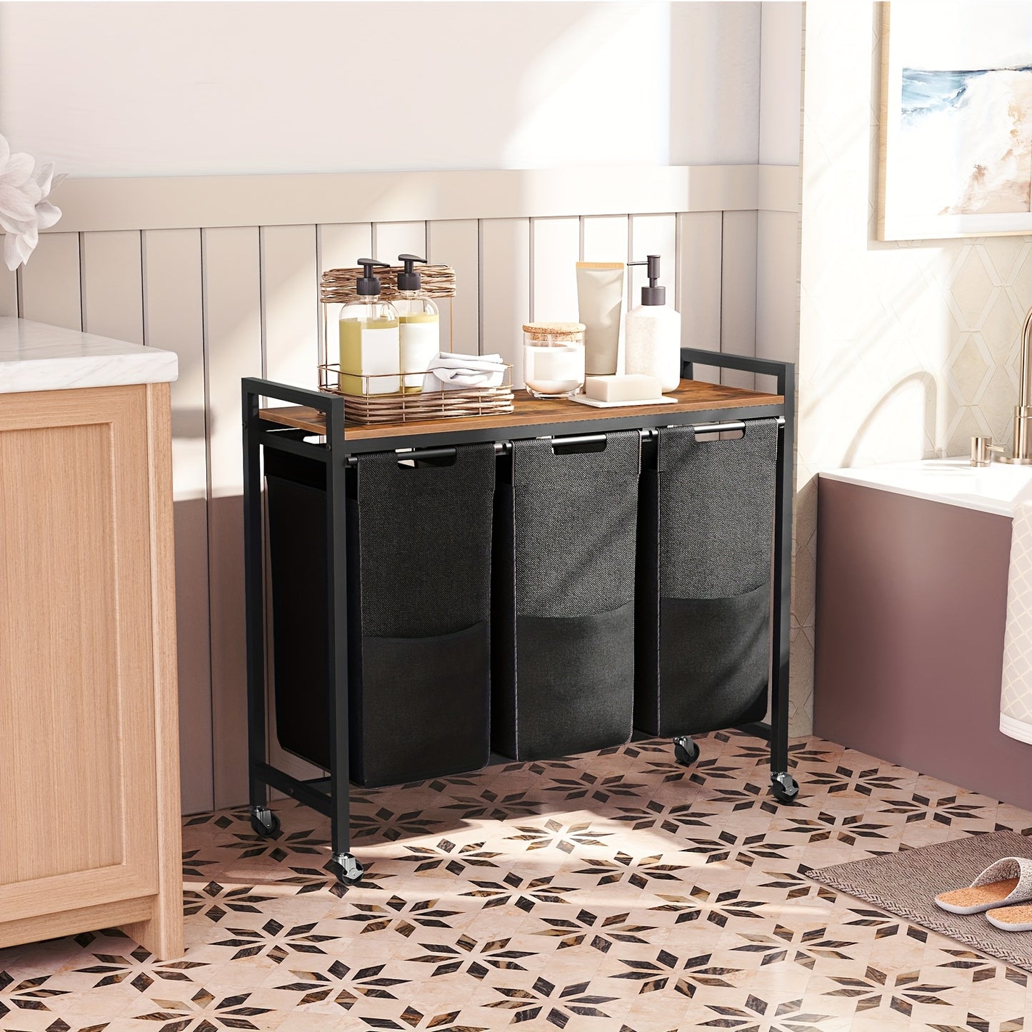 Cesto per la biancheria 3 scomparti, raccoglitore per la biancheria con ripiano, scatola per la biancheria, carrello per la biancheria, 3 X 39.8 L, sacco per la biancheria realizzato in tessuto Oxford, 84 X 33 X 74.5 Cm, marrone-nero vintage, cesti per la