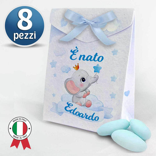 Set 8 Scatoline Bomboniere personalizzate con nome, Prima Nascita, Baby shower, scatole Portaconfetti + 4 mt. nastro raso, Festa nascita bimbo orsetto blu