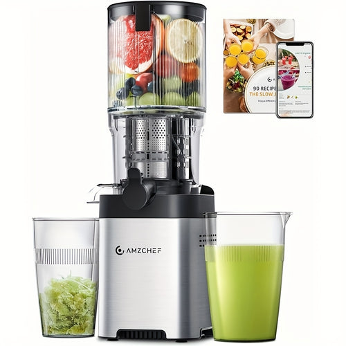 AMZCHEF Estrattore di Succo Professionale a Pressione a Freddo - Tubo di Alimentazione Extra Largo 126mm - Tecnologia a Masticazione Lenta con Funzione Inversa - per Frutta Intera, Verdure a Foglia e Ortaggi - Include 2 Bicchieri in Tritan e Spazzola per