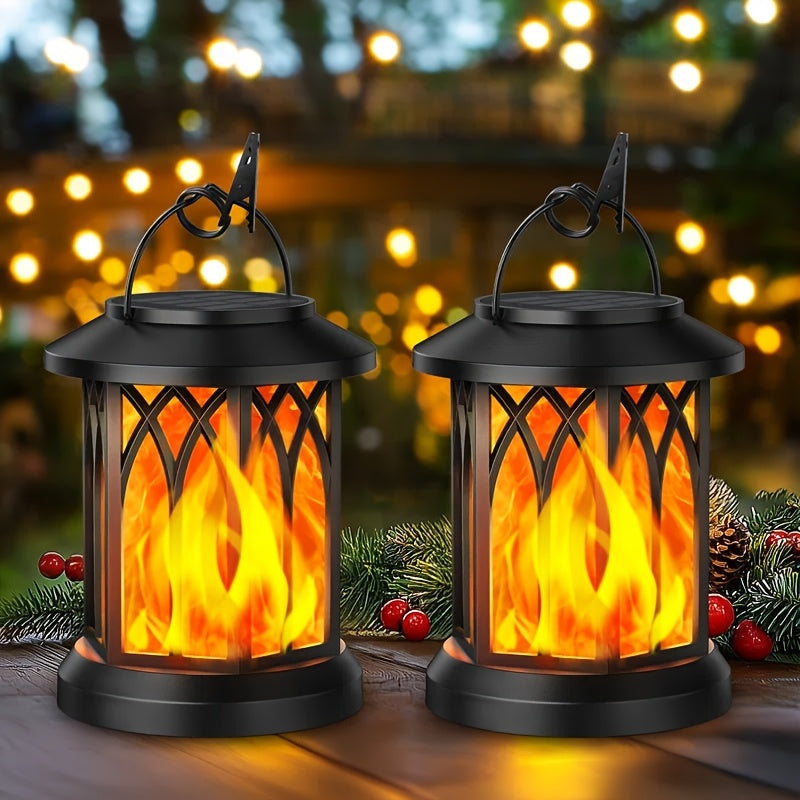 2 Luci Solari da Esterno, Lanterne Solari Sospese con Effetto Fiamma, Luci Solari IPX5 per Decorazione Giardino con Clip per Cortile, Balcone e Halloween