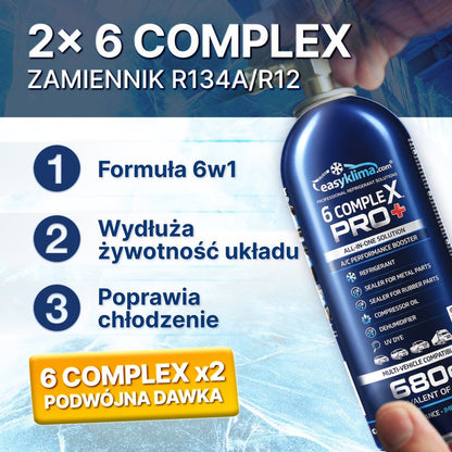 Kit 2x EasyKlima 6 Complex PRO+ R134a 6 in 1, due preparati per aria condizionata automobilistica, bombola da 680 g, agente di ricarica per impianti, sigillante per gomma e metallo, olio per compressore, essiccante per riduzione umidità, colorante UV per