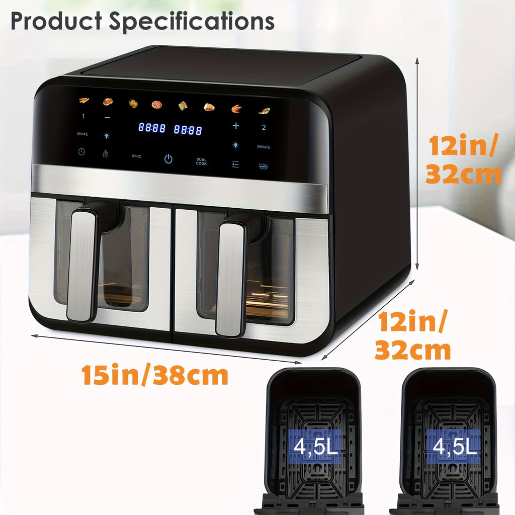 Friggitrice ad Aria Doppia da 9L con Finestra Visiva, 8 Preimpostazioni di Cottura, Touch Screen, Display LED, Friggitrice Digitale a Doppia Zona con Ricettario, Timer e Controllo della Temperatura, Antiaderente
