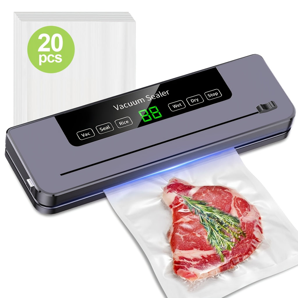 Macchina Sottovuoto con 20 Sacchetti Sottovuoto, 80KPA per la Conservazione di Alimenti Secchi e Umidi, Sistema di Sigillatura Automatico Sigillatrice di Alimenti Veloce e Compatta, Multifunzionale, Potente Macchina Sigillante per la Conservazione di Alim