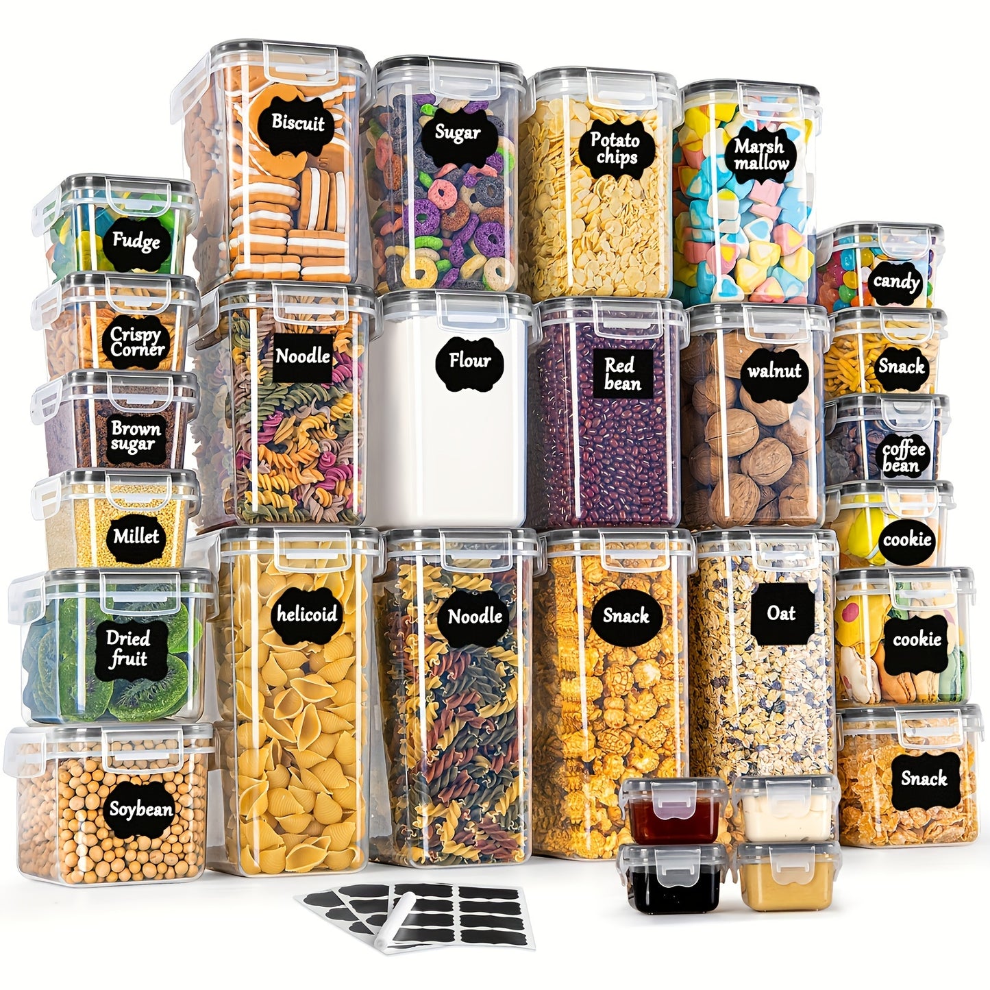 28 Contenitori Ermetici per Alimenti, Essenziali Domestici, Barattoli con Coperchio Organizzazione Dispensa e Conservazione in Plastica Set Ideale per Pasta, Farina, Zucchero, Mangime Animale, Etichette ed Evidenziatori – Multi-pack Magazzino Locale