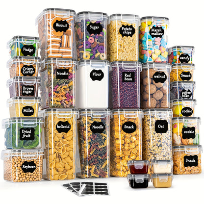 28 Contenitori Ermetici per Alimenti, Essenziali Domestici, Barattoli con Coperchio Organizzazione Dispensa e Conservazione in Plastica Set Ideale per Pasta, Farina, Zucchero, Mangime Animale, Etichette ed Evidenziatori – Multi-pack Magazzino Locale