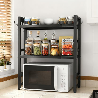 Scaffale Multifunzionale per Microonde a Tre/Due Livelli, Organizzatore per Piano Cucina, Supporto Regolabile per Pentole e Microonde, Estensibile e Retrattile, Soluzione di Archiviazione per Piano Cucina