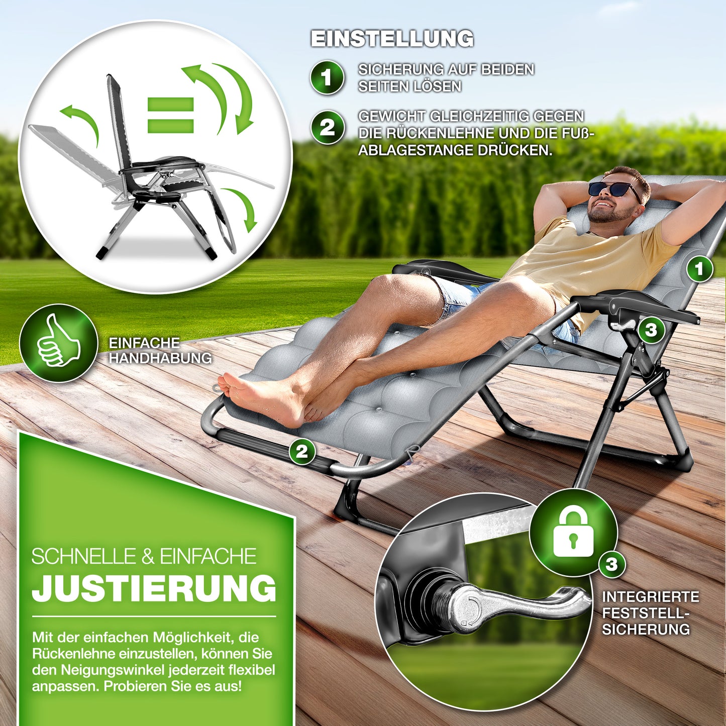 Tillvex® Poltrona Reclinabile Pieghevole Fino a 200Kg Lettino Parasole da Esterno per Giardino con Cuscino Resistente alle Intemperie Balcone, Giardino & Terrazza Lounge Esterno Regolabile con Imbottitura Spessa Poltrona Reclinabile Pieghevole Extra Larga