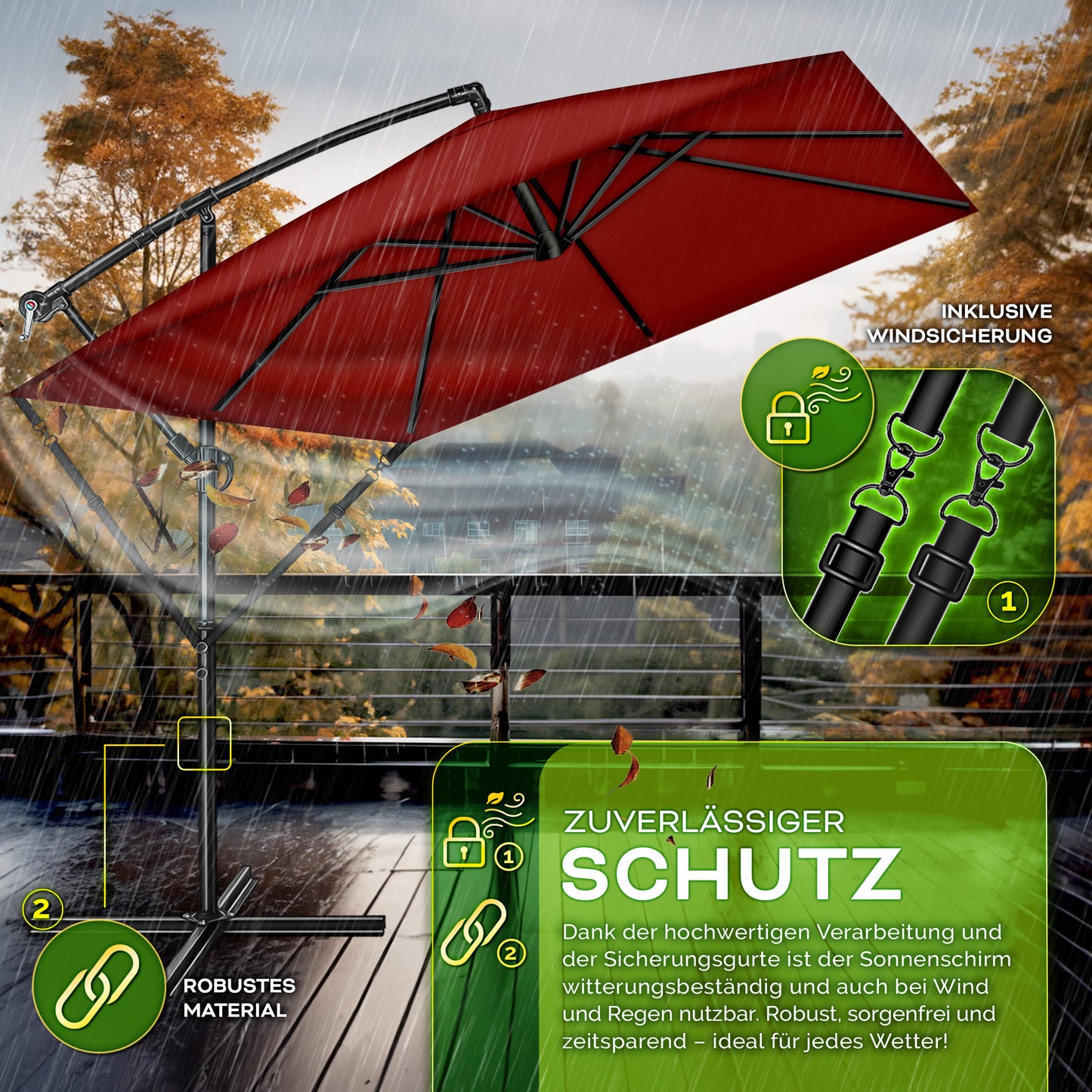 Tillvex® Parasole Rettangolare in Alluminio Ø 330 Cm + Copertura con Manovella | Schermo Angolare a Luce Rossa con Supporto & Parabrezza | Grande Parasole da Giardino in Alluminio Protezione UV | Schermo con Manovella Impermeabile Girevole a 360° per Terr