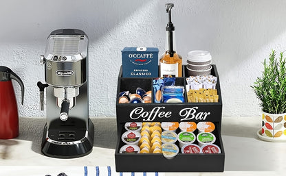 Organizzatore da bar per caffè Deluxe Freestable con cassetto - Legno adatto per cialde di caffè, accessori per tè, bustine di zucchero e formine | Ampia postazione da bancone, ufficio, bar | Organizzatore con cassetto per regali di Natale
