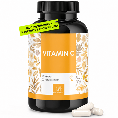NATURALKRAFT® Vitamina C Premium 1000 mg Dose Giornaliera con Polvere di Fosfolipidi di Girasole ed Estratto di Rosa Canina – 180 Capsule Vegane – Biodisponibilità Migliorata, Testato in Laboratorio e Senza Additivi