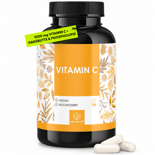 NATURALKRAFT® Vitamina C Premium 1000 mg Dose Giornaliera con Polvere di Fosfolipidi di Girasole ed Estratto di Rosa Canina – 180 Capsule Vegane – Biodisponibilità Migliorata, Testato in Laboratorio e Senza Additivi