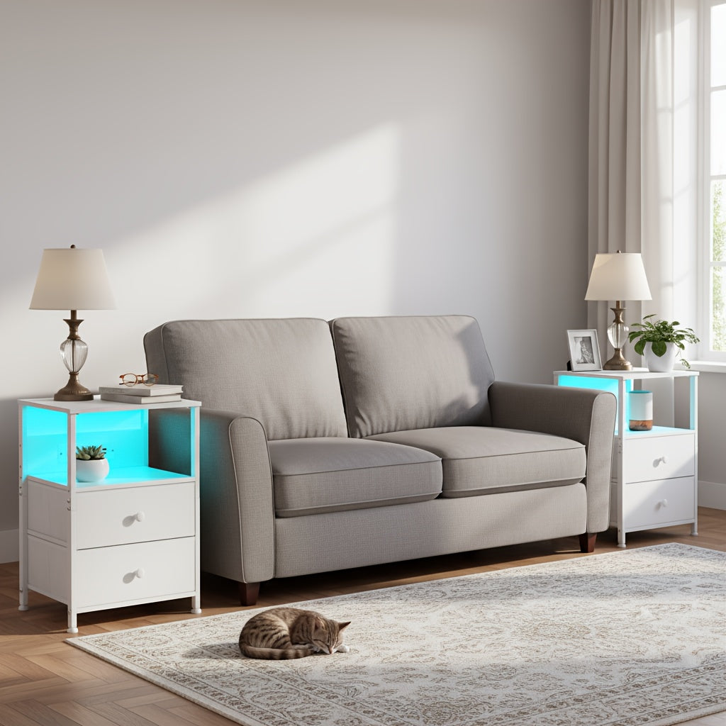 AMHANCIBLE Set Comodino 1/2 pezzi, Cassettiera in Tessuto con Dock di Ricarica, Tavolino da Letto, Comodino con Due Cassetti in Tessuto, Comodino Piccolo per Camera da Letto, Comodino a Quattro Ripiani, Adatto per Camera da Letto, Soggiorno. Nero, Marrone