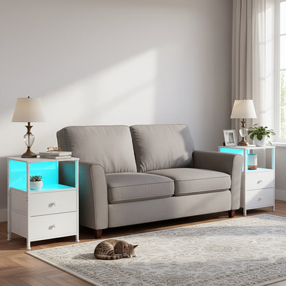 AMHANCIBLE Set Comodino 1/2 pezzi, Cassettiera in Tessuto con Dock di Ricarica, Tavolino da Letto, Comodino con Due Cassetti in Tessuto, Comodino Piccolo per Camera da Letto, Comodino a Quattro Ripiani, Adatto per Camera da Letto, Soggiorno. Nero, Marrone