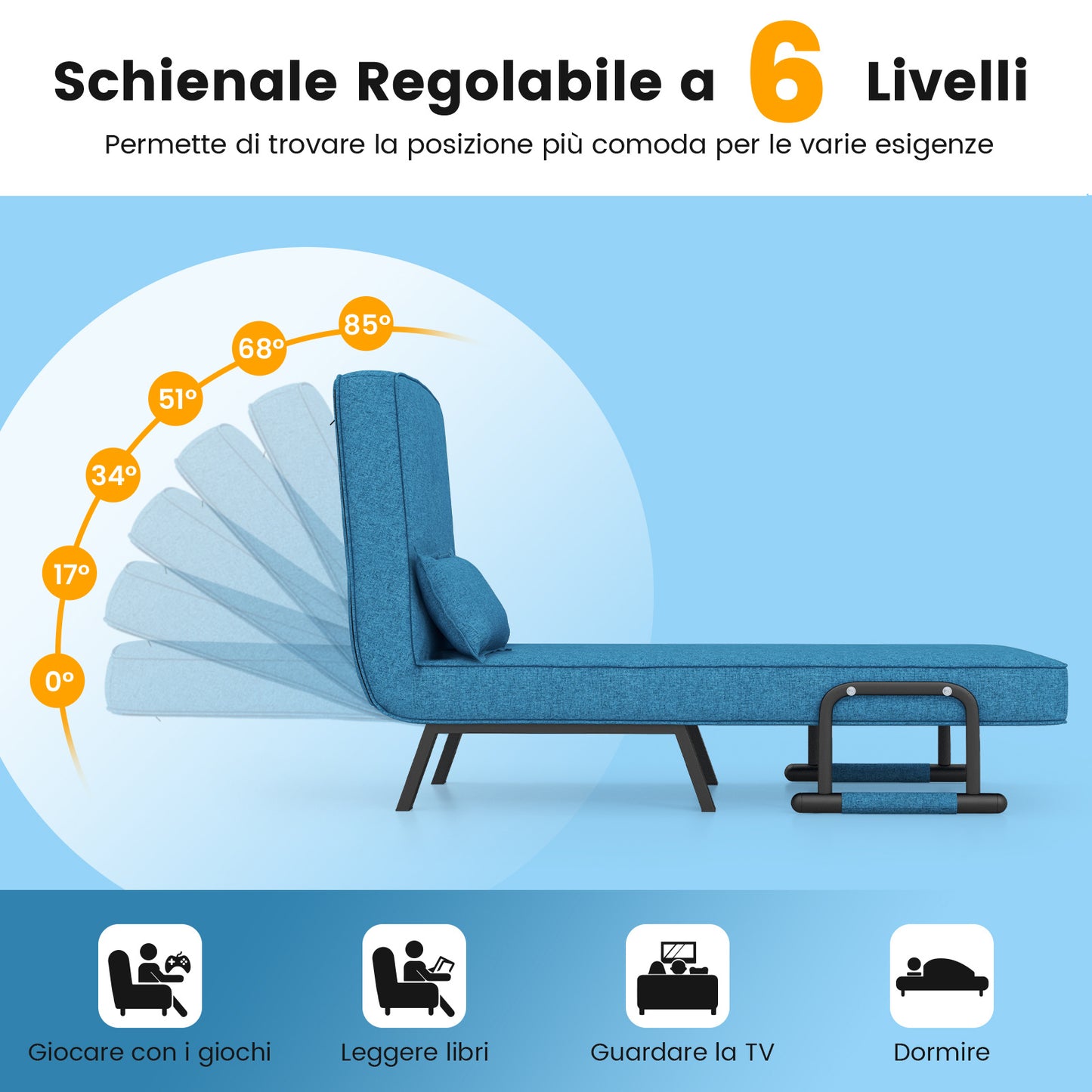 4 in 1 Poltrona Letto Singolo, Poltroncina Pieghevole con Schienale Regolabile in 6 Posizioni, Sedile Imbottito Robusto, Divano Letto per Casa Ufficio, 79x65x79 cm