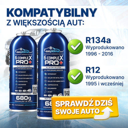 Kit 2x EasyKlima 6 Complex PRO+ R134a 6 in 1, due preparati per aria condizionata automobilistica, bombola da 680 g, agente di ricarica per impianti, sigillante per gomma e metallo, olio per compressore, essiccante per riduzione umidità, colorante UV per