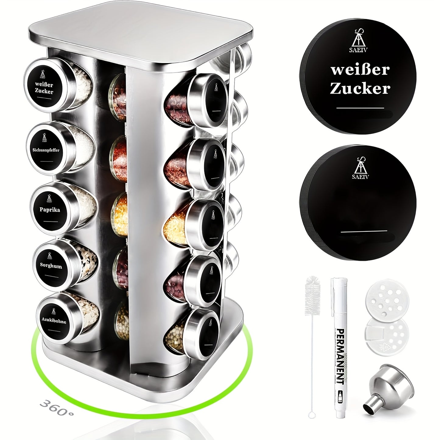 1 pezzo Portaspezie Girevole | Organizzatore per Spezie | 20 Barattoli da 100ml | Scaffale per Spezie a Cinque Livelli Girevole | Etichette per Spezie | Mensola da Cucina | Organizzatore per Spezie