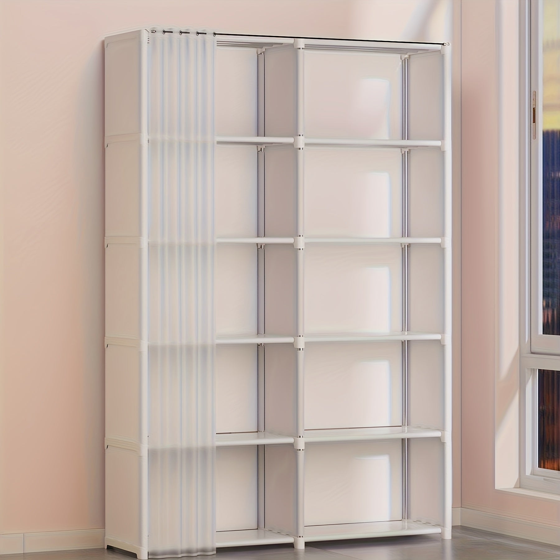 Organizzatore di Grande Capacità, Scaffale per Libri, Armadio per Abiti con Vetrina Antipolvere e Ripiani Robusti, con Ganci Pratici, Materiale Plastico, Senza Necessità di Elettricità, per Ufficio, Aula, Stanza in Affitto e Dormitorio, Armadi Portatili