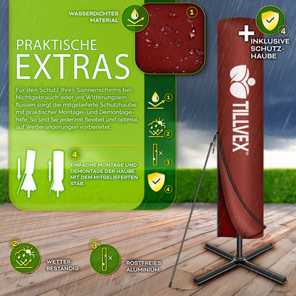 Tillvex® Tenda da Sole Rettangolare in Alluminio con LED Solare Ø 330 Cm + Copertura con Manovella | Ombrello Angolare con Luce Stradale, Supporto e Parabrezza | Grande Ombrello da Giardino in Alluminio con Protezione UV | Ombrello con Manovella, Ombrello