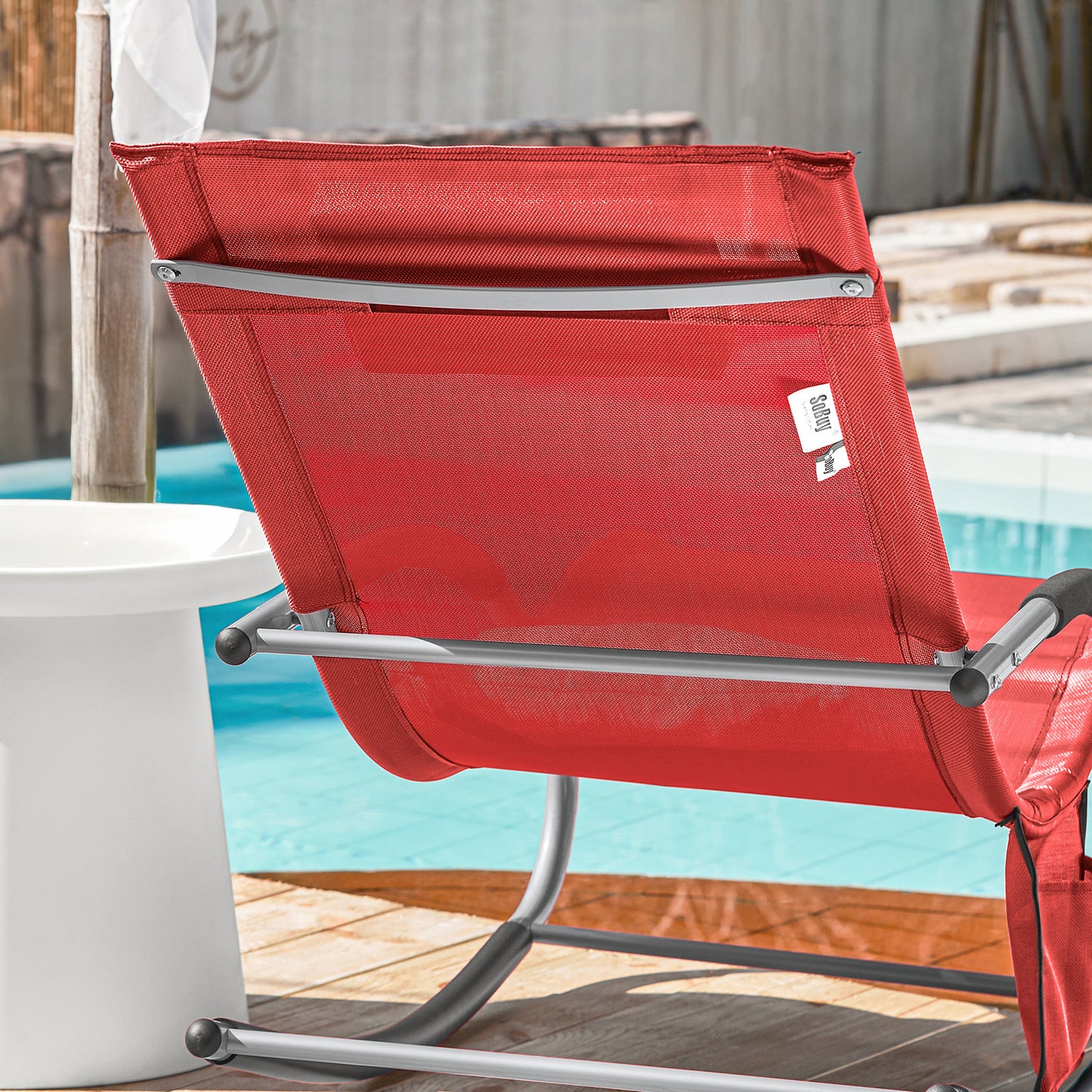1 Pezzo Lettino Prendisole Lettino da Giardino Sdraio Relax Sedia a Dondolo da Esterno con Cuscino Poggiatesta Superficie Ergonomica Tessuto Resistente agli Agenti Atmosferici Struttura in Metallo Tasca Laterale Portata Massima 150 kg Terrazza Balcone Gia