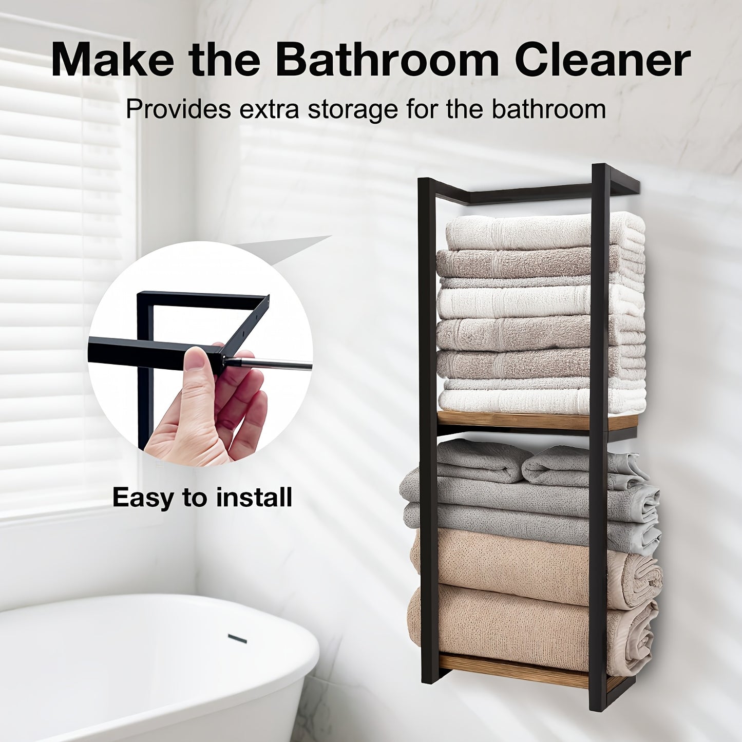 Mensola da bagno da parete di design - Mensola portaoggetti in legno stile country francese con ripiani in legno resistente e telaio in acciaio, organizzatore da parete per asciugamani e articoli da toeletta adatto per bagni moderni, spa, suite padronali,