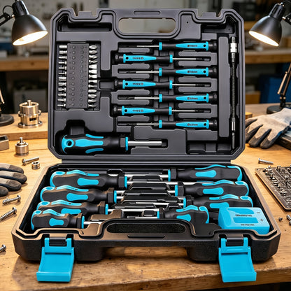 Set di cacciaviti magnetici da 42 pezzi, inclusi cacciaviti a taglio, a croce, esagonali, a stella e di precisione, insieme a uno strumento di smagnetizzazione