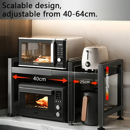 Scaffale per microonde regolabile ed espandibile - Ripiano da appoggio in acciaio al carbonio resistente per riporre oggetti in cucina, utensili e stoviglie, larghezza regolabile 40-64 cm, altezza regolabile 32-2 cm - Design salvaspazio per cucine moderne