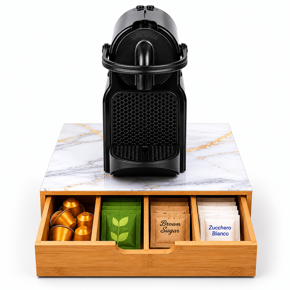 Porta cialde Organizer Bambù per Cialde con Vetro Temperato Organizer Capsule Caffè Cassetto Porta Oggetti Cassetto Minuteria Mobiletto Porta Tè Cassetto Cucito 4 Scomparti Separati