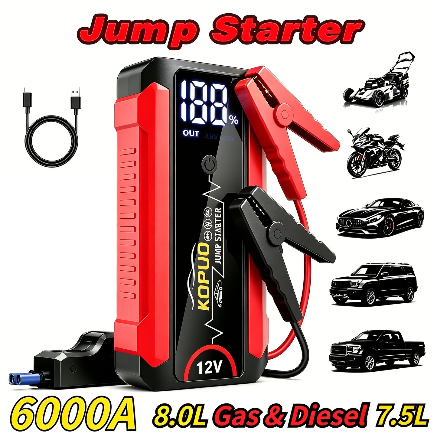 Avviatore di emergenza per auto KOPUO 6000A Peak 12V con display LCD e ricarica rapida, booster di batteria portatile per motori a benzina da 8,0L/diesel da 7,5L, kit di emergenza con torcia stroboscopica LED SOS per veicoli