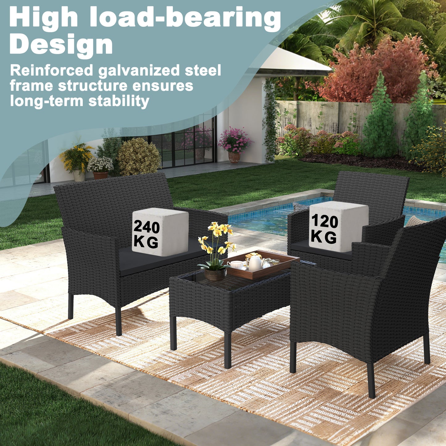 Mobili da giardino in rattan poli per balcone - set con divano a 2 posti, sedie singole e tavolo, cuscini imbottiti antracite - colorazione lounge (cuscini imbottiti antracite)
