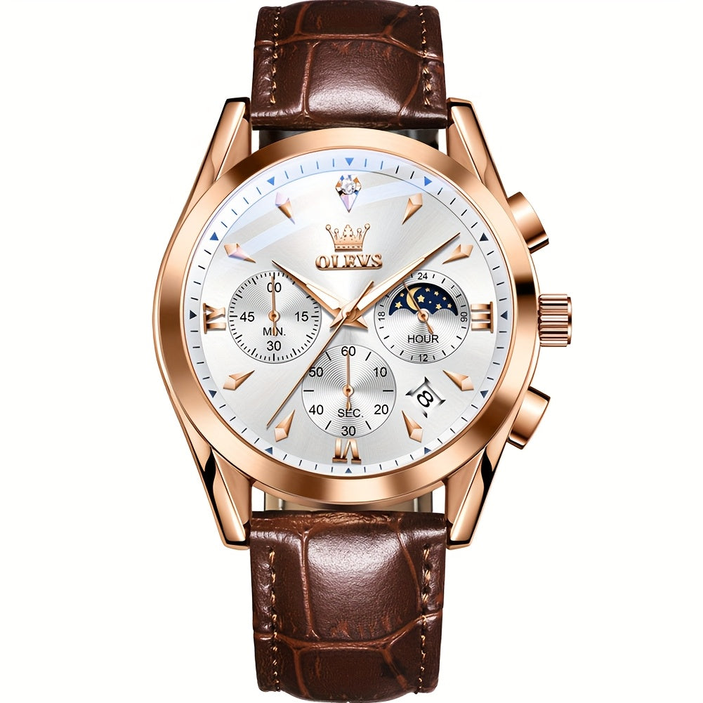 OLEVS Orologio da Uomo Classico Cronografo Cuoio Marrone Cassa Dorata Analogico Quarzo Moda Business Abito Quadrante Grande Orologio da Uomo Giorno Data Luminoso Casual Orologio da Polso Maschile Regali Romantici Relojes De Hombre Quadrante Blu/Nero/Bianc