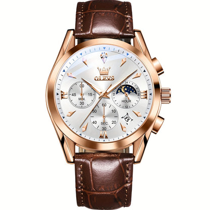 OLEVS Orologio da Uomo Classico Cronografo Cuoio Marrone Cassa Dorata Analogico Quarzo Moda Business Abito Quadrante Grande Orologio da Uomo Giorno Data Luminoso Casual Orologio da Polso Maschile Regali Romantici Relojes De Hombre Quadrante Blu/Nero/Bianc