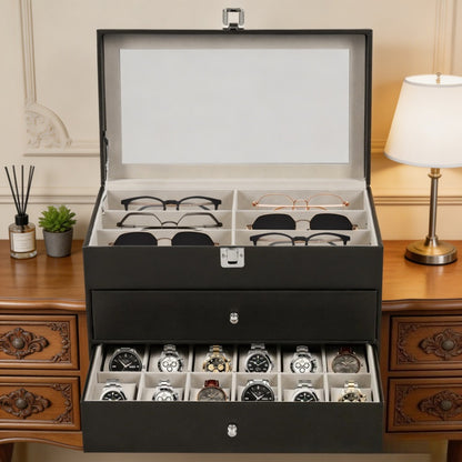 Scatola portaocchiali e orologi a 3 strati con 24 scomparti, custodia organizzatrice per occhiali da vista alla moda per donna e uomo - Portaocchiali portaoggetti multiplo con cassetto, coperchio in vetro e passante per esterni