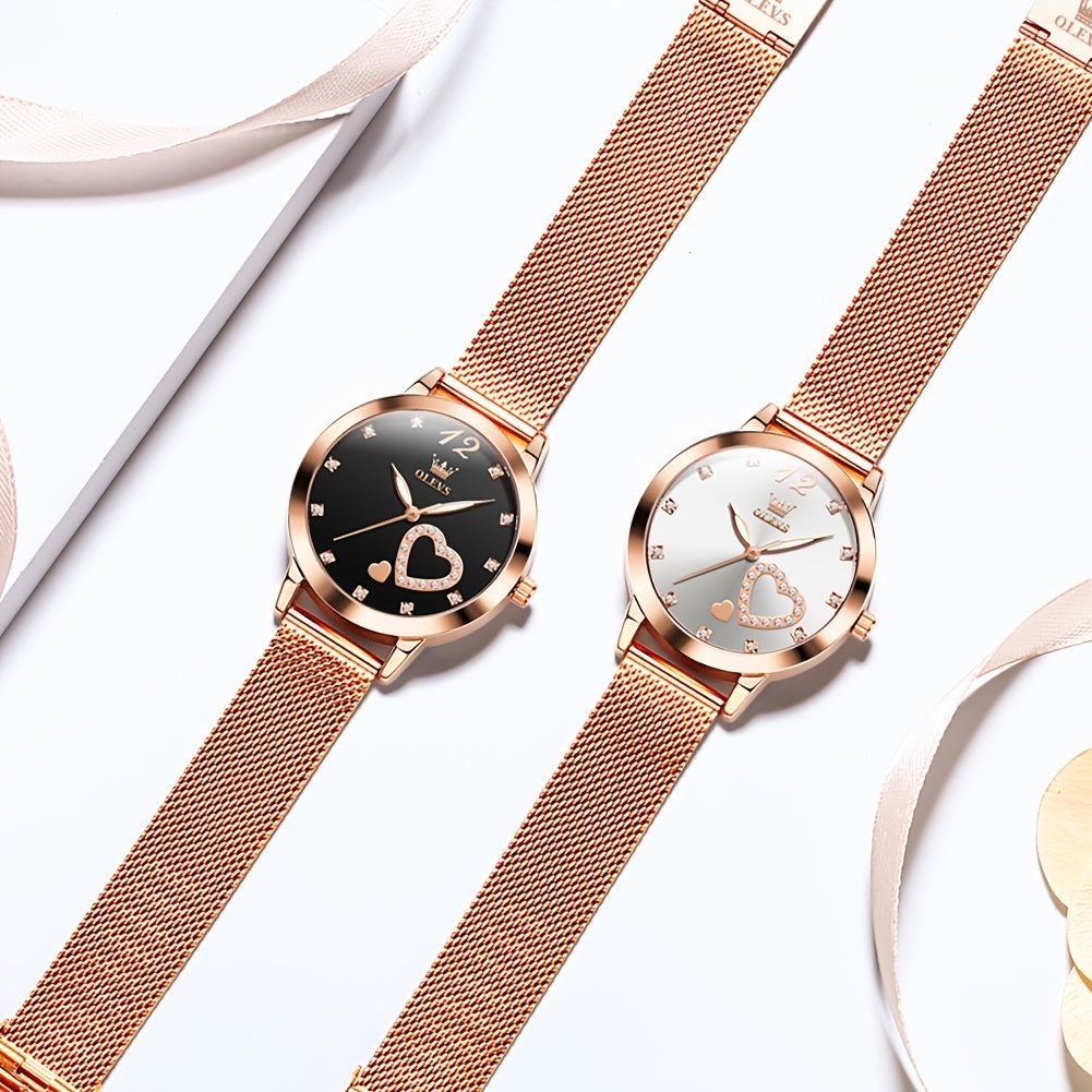 OLEVS Orologio da Donna Moda Oro Rosa Strass Orologio da Donna per Donne Cinturino a Rete Lusso Abito Cuori Damigelle Quarzo Luminoso Data Orologi da Polso da Donna Quadrante Nero/Bianco/Rosso/Rosa