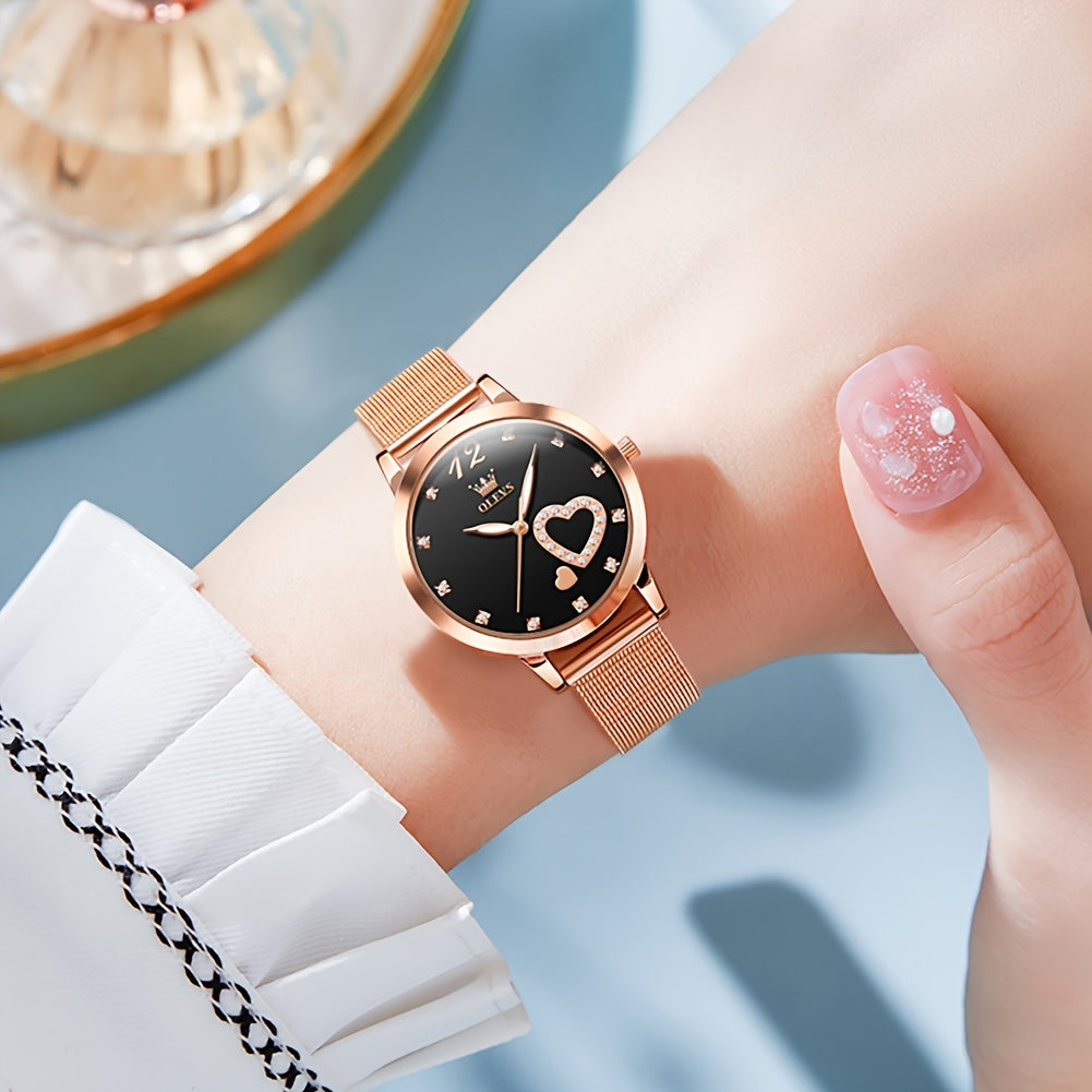 OLEVS Orologio da Donna Moda Oro Rosa Strass Orologio da Donna per Donne Cinturino a Rete Lusso Abito Cuori Damigelle Quarzo Luminoso Data Orologi da Polso da Donna Quadrante Nero/Bianco/Rosso/Rosa