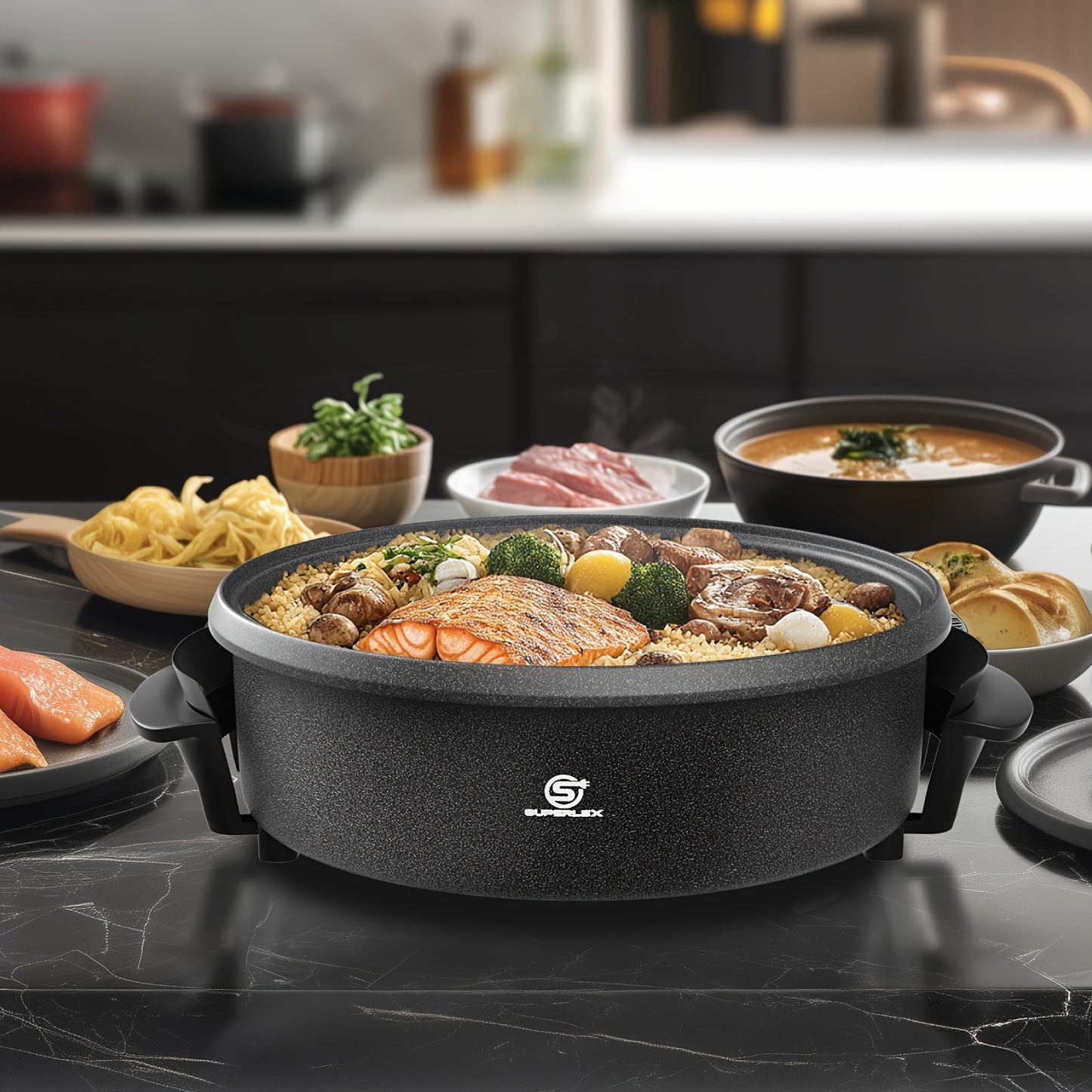 SUPERLEX 40X7Cm Padella Elettrica Multiuso | 1500W Antiaderente con Piastra in Alluminio | Base in Acciaio | Coperchio in Vetro Temperato | Termostato Regolabile | Ampia Capacità di 7L per Pizza, Feste & Cucina Familiare