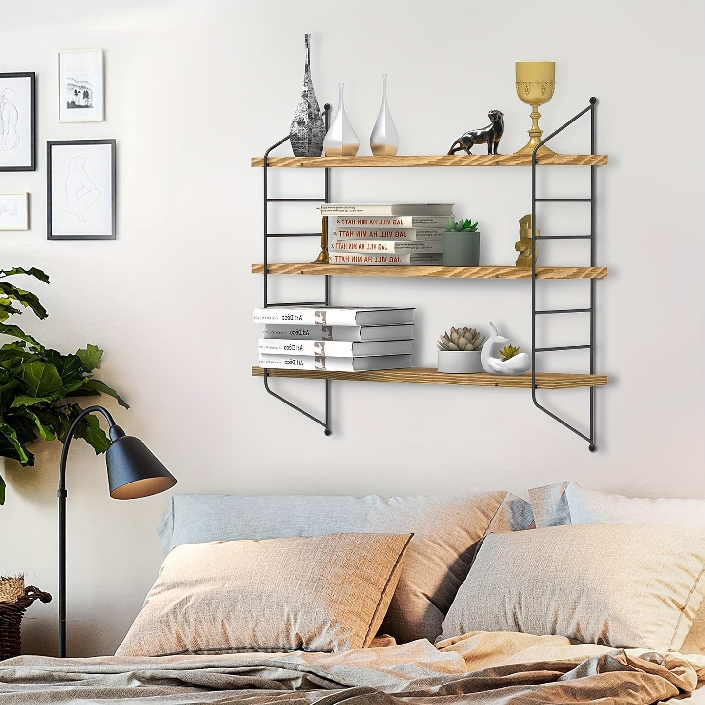 Mensola Galleggiante a Parete, 3 Ripiani Rustici Mensole Galleggianti per Cucina, Mensole Regolabili da Parete per Libri, Piante, Legno e Metallo, Mensole Espositive per Soggiorno, Camera da Letto, Cucina, Scaffali Utili
