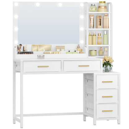 Toilette con grande specchio, con 5 cassetti, 5 scomparti aperti, spazio di archiviazione davanti allo specchio, moderna, bianca, 40 × 110 × 141 cm
