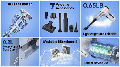 Aspirapolvere per Auto Senza Fili Portatile e Potente - Forte Aspirazione, Ricarica USB, Leggero e Portatile, 7 Accessori Combinati per Uso Multiscena, Adatto per Cucina, Interni Auto, Camera da Letto, Pulizia Ufficio e Rimozione Efficiente della Polvere