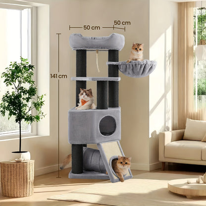 Albero per gatti, grande torre per gatti con posatoio in peluche soffice, condominio per gatti con cestino e grotta per abbracciare, pali extra spessi completamente avvolti in sisal nero, stabile, confortevole