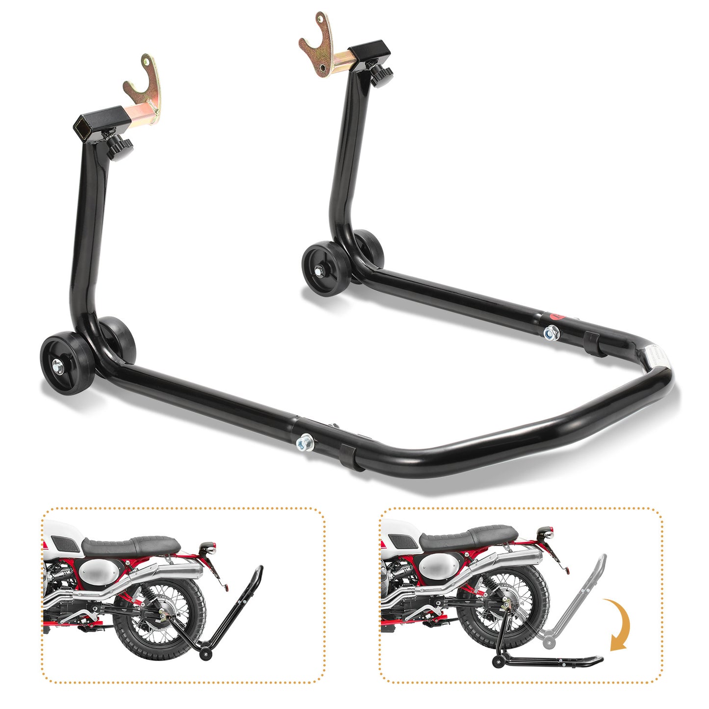 Cavalletto per moto anteriore/trasversale, cavalletto di assemblaggio per moto fino a 300 kg, sollevatore per moto, cavalletto a bilanciere per moto con doppia ruota, cavalletto per moto ad alta stabilità (Nero/Rosso)